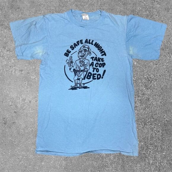 Vintage 70s 80s Cop Police Propaganda Take A Cop To Bed T Shirt Ched Tag Large - Picture 1 of 7